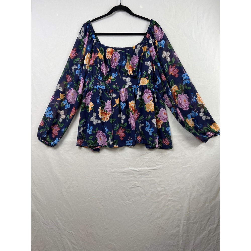 Torrid Peplum Chiffon Top Womens 1X Blue Butterfly Garden Floral Smocked Blouse